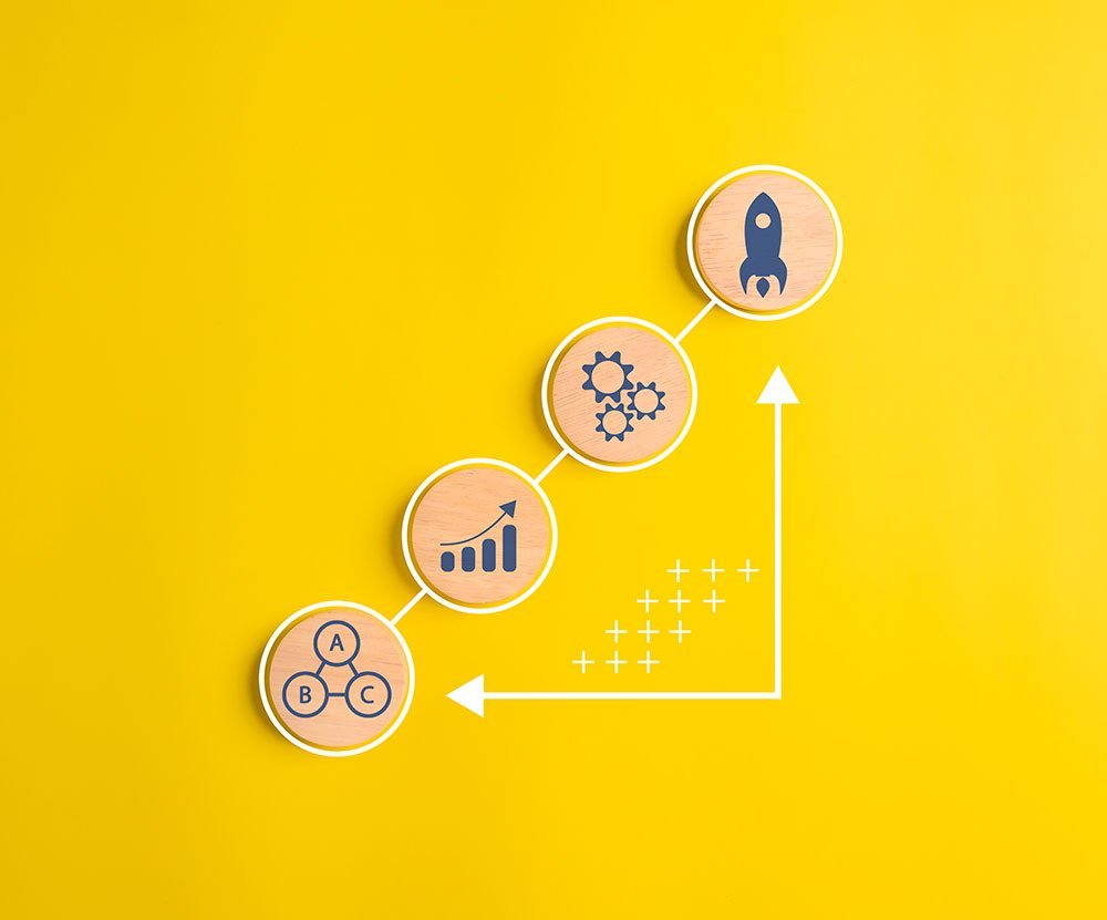 Wooden tokens with icons for teamwork, growth, and innovation form a business strategy model on a yellow background.