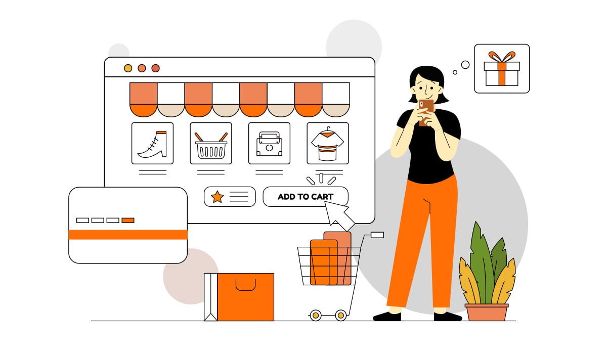 Illustrated online shopping scene with a woman thinking about a gift