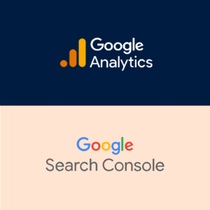 Logos of Google Analytics and Google Search Console on split background.