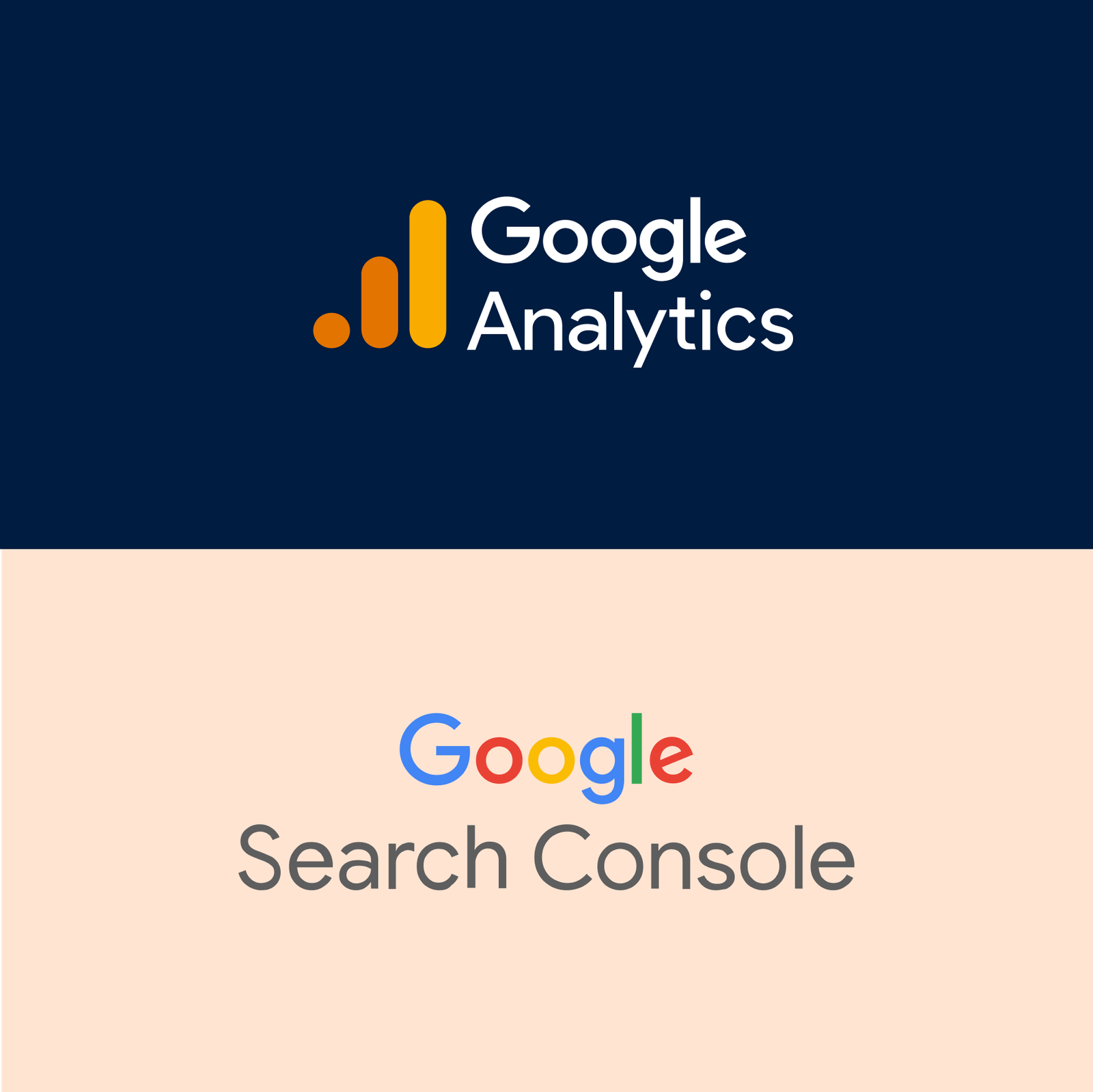 Logos of google analytics and google search console on split background.