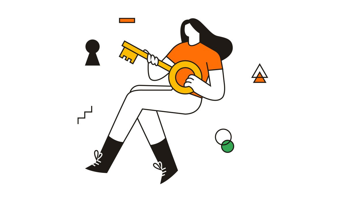 Minimalist illustration of a woman holding a key, with geometric shapes and icons.