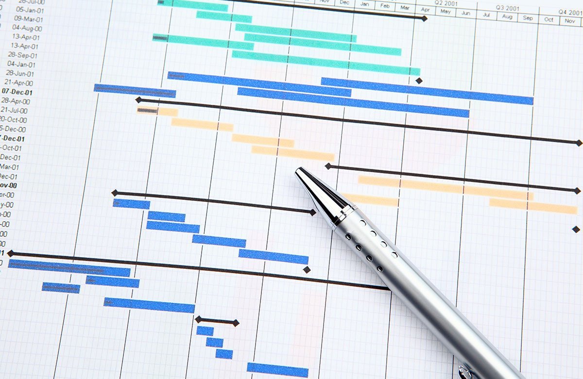 A gantt chart used for project management with a metallic pen pointing to specific details.