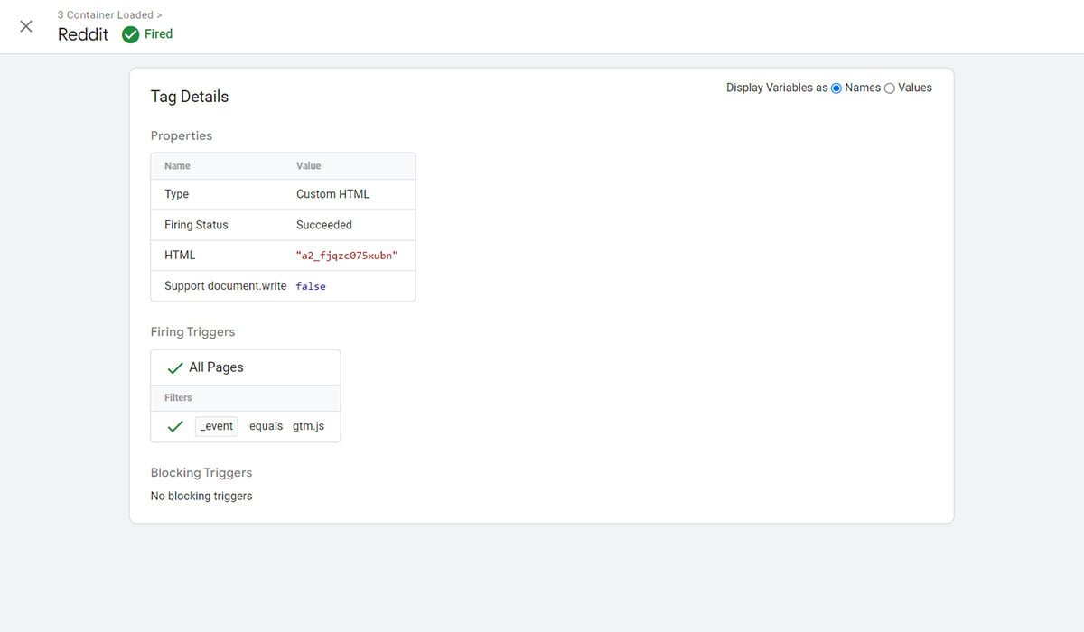 Google tag manager showing reddit tag details with custom html type, successfully fired on all pages.