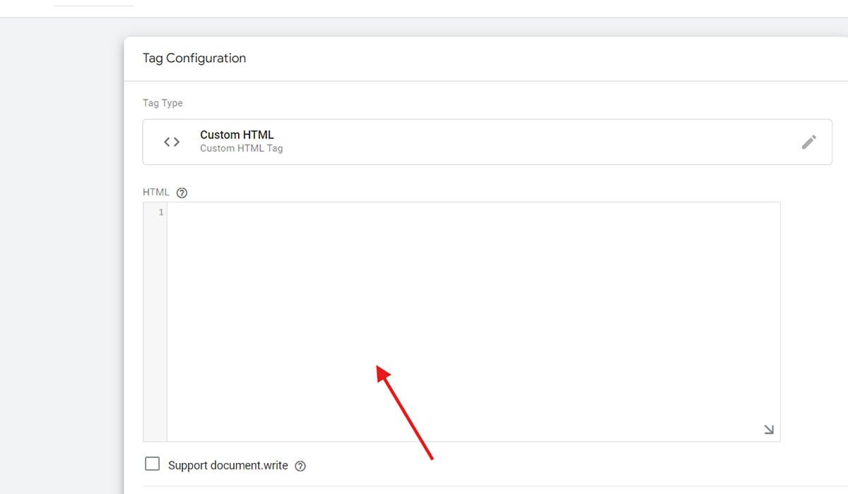 Google tag manager interface displaying a custom html tag configuration area.