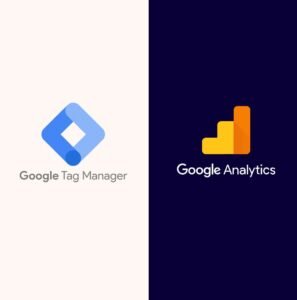 Logos of Google Tag Manager and Google Analytics on split background.