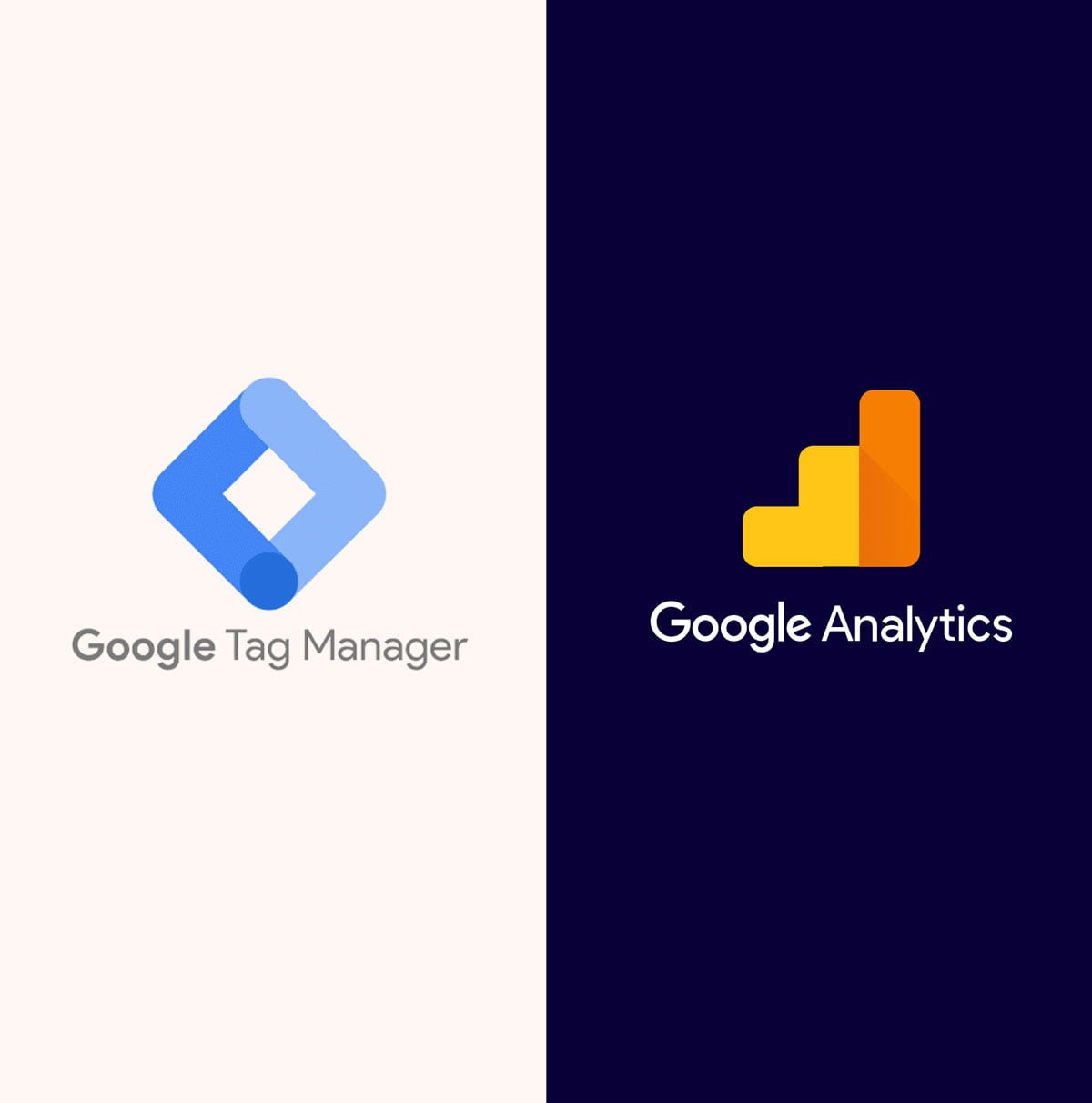 Logos of google tag manager and google analytics on split background.