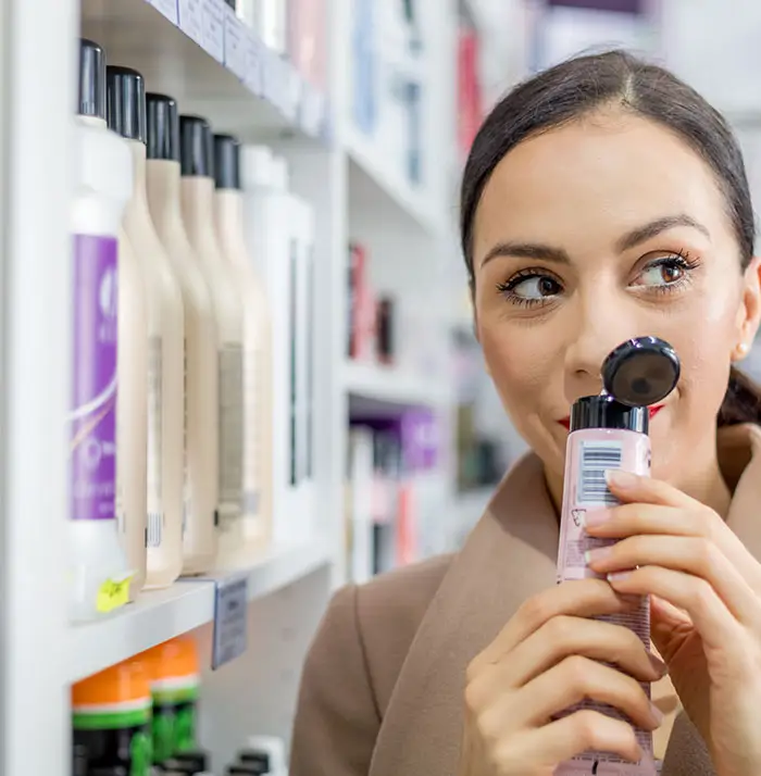 Smiling woman in cosmetic store looking for beauty skin care products